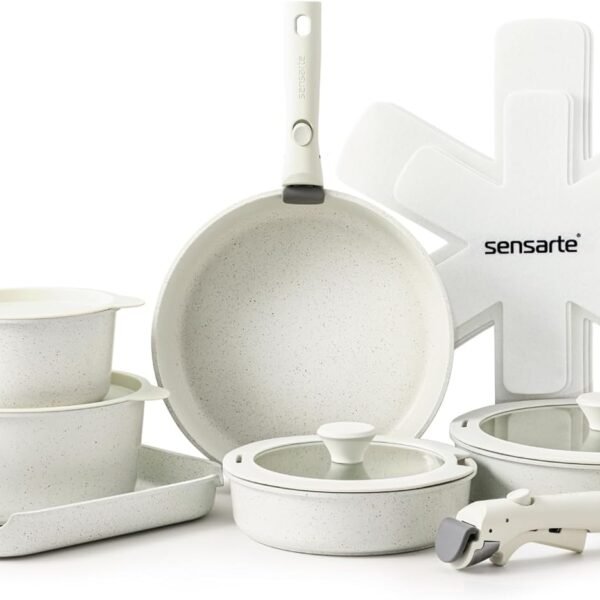 SENSARTE 17 Piece Pots and Pans Set. Nonstick Detachable Handle Cookware Set. Induction Kitchen Cookware Set with Removable Handle. Healthy Non Stick for RV. Dishwasher ＆ Oven Safe. PFOA Free (White)
